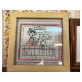 Set of 2 Humorous Cartoon Prints in Wooden Frames on 18" Wide Wooden Wall Shelf