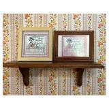 Set of 2 Humorous Cartoon Prints in Wooden Frames on 18" Wide Wooden Wall Shelf