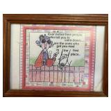 Set of 2 Humorous Cartoon Prints in Wooden Frames on 18" Wide Wooden Wall Shelf