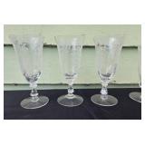 Set of Etched Crystal Wine Glasses with Floral Designs
