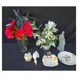 Collection of Home Decor Items Including Floral Arrangements and Ceramic Pieces