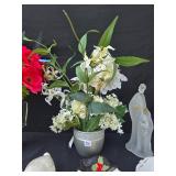 Collection of Home Decor Items Including Floral Arrangements and Ceramic Pieces