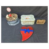 Assorted Lot of Decorative Tin, Cookie Tin, Heart-Shaped Box, and Ornamental Planter
