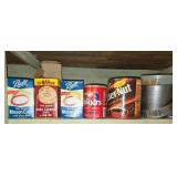 Assorted Kitchen and Canning Supplies with Vintage Coffee Tins