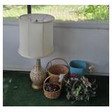 Decorative Table Lamp with Assorted Baskets and Faux Flower Arrangement