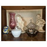 Collection of Vintage Figurines, Glassware, and Ball Dome Lids