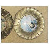 Assorted Vintage Home Decor Collection including Brass Plates, Crystal Dishes, and More