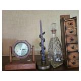 Vintage Wooden Mantel Clock, Candle Holder, Decorative Decanter