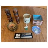 Assorted Decorative Home Items Including Wood Carvings and Trinkets