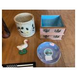 Assorted Decorative Home Items Including Wood Carvings and Trinkets