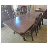 Vintage Dining Table with 6 Carved Chairs and Cushions