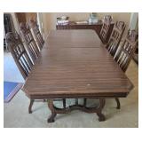 Vintage Dining Table with 6 Carved Chairs and Cushions