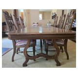 Vintage Dining Table with 6 Carved Chairs and Cushions
