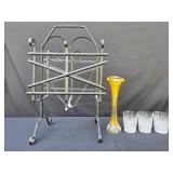 Decorative Metal Magazine Rack with Crystal Glasses and Amber Vase