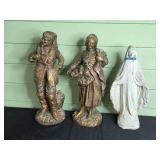 Trio of Decorative Statues: Two Bronze-like Figures and a Cement Madonna