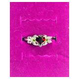 925 Sterling Silver Heart-Shaped Garnet Ring with Emerald Accents