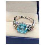 Sterling Silver Rainbow Gemstone Ring with Blue Center Stone