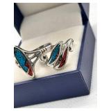 Silver Ring with Turquoise and Coral Inlay
