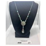 Elegant Silver Necklace with Green and Blue Gemstone Accents