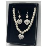 Pearl Necklace and Earrings Set with Heart Pendants