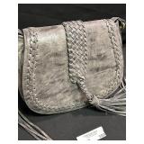 Gray Leather Handbag with Braided Detail and Fringe
