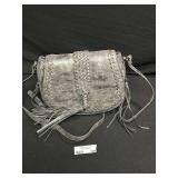 Gray Leather Handbag with Braided Detail and Fringe