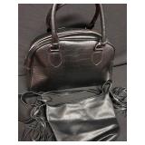 Set of 2 Black Leather Handbags with Fringe Detail