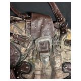 Camo and Brown Leather Handbag with Rhinestone Accents