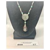 Elegant Silver Necklace with Green and Blue Gemstone Accents