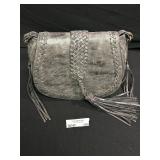 Gray Leather Handbag with Braided Detail and Fringe