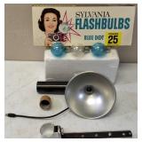 Vintage Kodak Pony 135 Camera + Kodak Flash Holder, Sylvania Flashbulbs, RCA Service Parts - 110905 Spindle 45 RPM & Kodachrome Color Safety Film - Type F Box / Container (Empty) **View Photos*