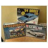 New AMT 1962 Bel Air Super Stock, Lindberg 1964 Dodge 330 and Locke Gangbusters 1928 Lincoln Model Car Kits