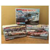 Three New Monogram Snap Tite Model Car Kits including Pepsi Challenger, Blue Max and Budweiser King