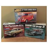 Monogram BMW Group 2, 1970 Plymouth GTX, and Fat Fendered 1937 Ford Street Rod Model Car Kits