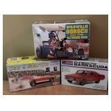 New Model Car Kits Jo-Han Sox & Martin Boss Plymouth Cuda, Monogram Plymouth Barracuda and Wild Willie Borsch Winged Express Altered Rod
