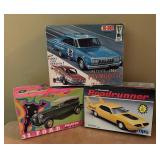 Model Car Kits MPC 1971 Plymouth Road Runner, AMT Ertl 1932 Ford Phaeton and Jo-Han Pettys 1964 Plymouth Belvedere
