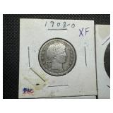 Four Better Date or Condition Silver Barber Quarters: 1893-O, 1893-S, 1908-O, and 1909-S