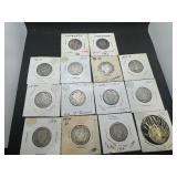 Fourteen Mixed Date and Mint Silver Barber Quarters