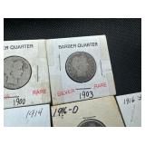 Fourteen Mixed Date and Mint Silver Barber Quarters