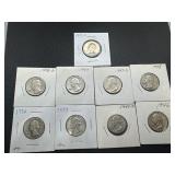 Nine Silver Washington Quarters all 1930s and 1940s