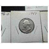 Nine Silver Washington Quarters all 1930s and 1940s