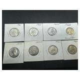 Eight Silver Washington Quarters all 1950s and 1960s