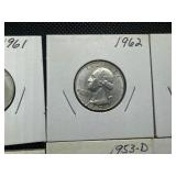 Eight Silver Washington Quarters all 1950s and 1960s