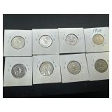 Eight Silver Washington Quarters all 1950s and 1960s