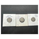 Three Seated Liberty Dimes: 1843, 1875, and 1891