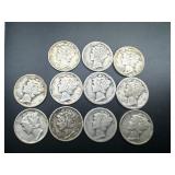 Eleven Mixed Date Mercury Dimes