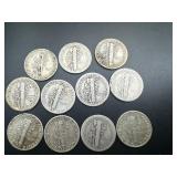 Eleven Mixed Date Mercury Dimes