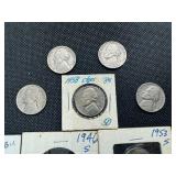 Nine Jefferson Nickels- 5 Marked "BU" When Purchased - 1946-S, 1953-S, 1954, 1958,  and 1961, and 4 1939 Jefferson Nickels.