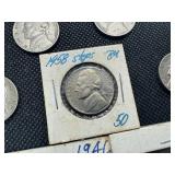 Nine Jefferson Nickels- 5 Marked "BU" When Purchased - 1946-S, 1953-S, 1954, 1958,  and 1961, and 4 1939 Jefferson Nickels.