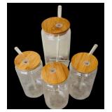 Fun Clear Glass Tumblers with Wooden Tops and Glass Straw and Clear Glass Pitcher